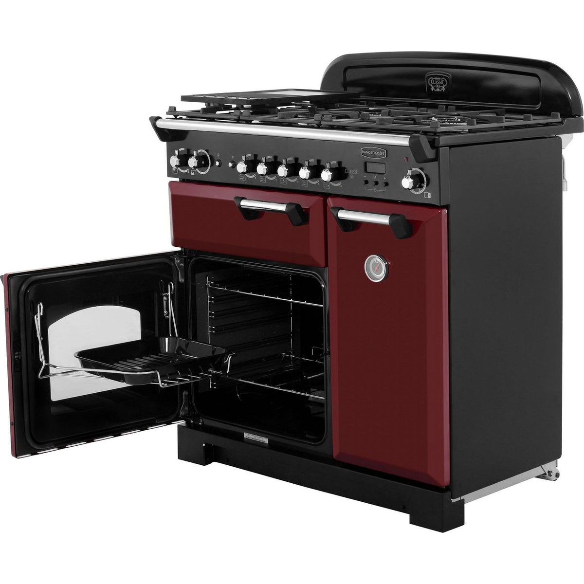 Rangemaster Classic CLA90NGFCY-C 90cm Gas Range Cooker with Electric Fan Oven - Cranberry - Chrome - A+-A Rated