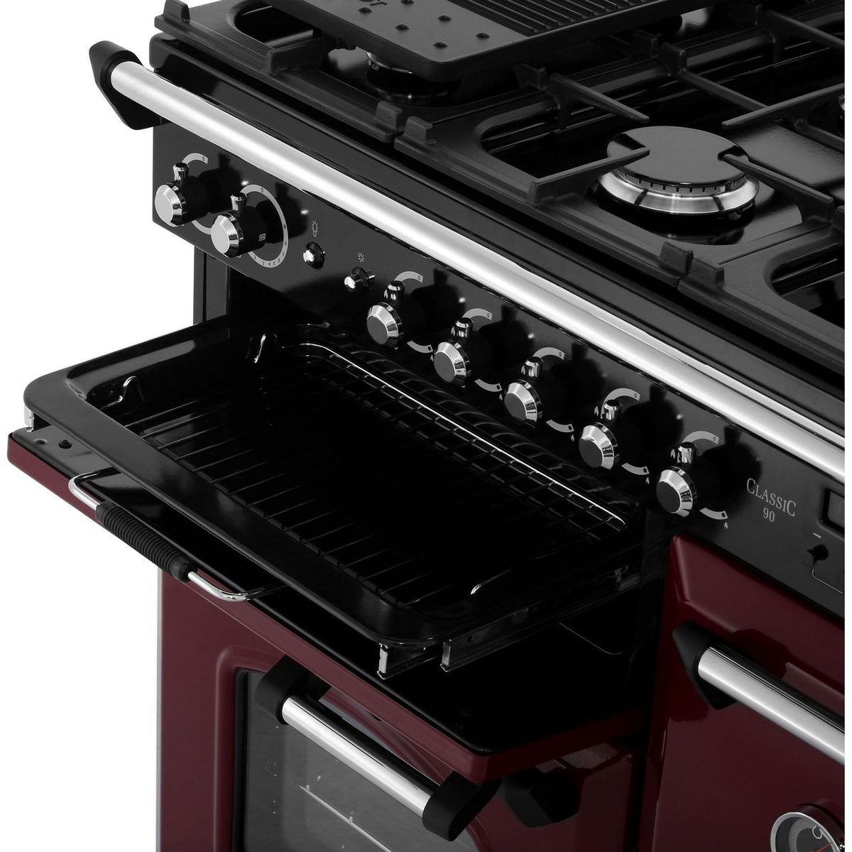 Rangemaster Classic CLA90NGFCY-C 90cm Gas Range Cooker with Electric Fan Oven - Cranberry - Chrome - A+-A Rated