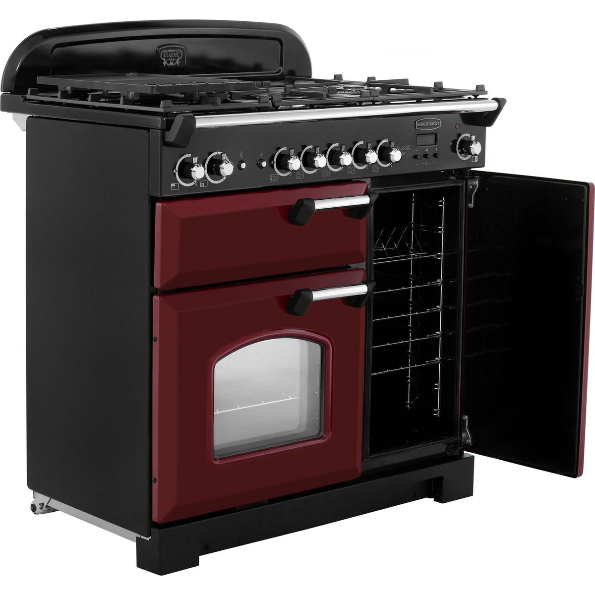 Rangemaster Classic CLA90NGFCY-C 90cm Gas Range Cooker with Electric Fan Oven - Cranberry - Chrome - A+-A Rated