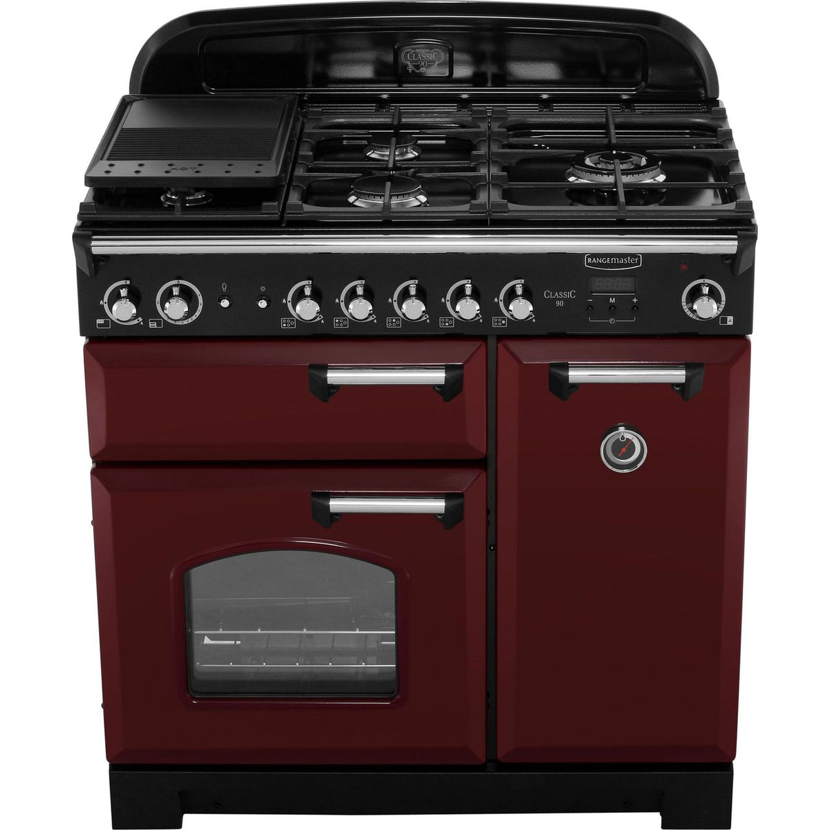 Rangemaster Classic CLA90NGFCY-C 90cm Gas Range Cooker with Electric Fan Oven - Cranberry - Chrome - A+-A Rated