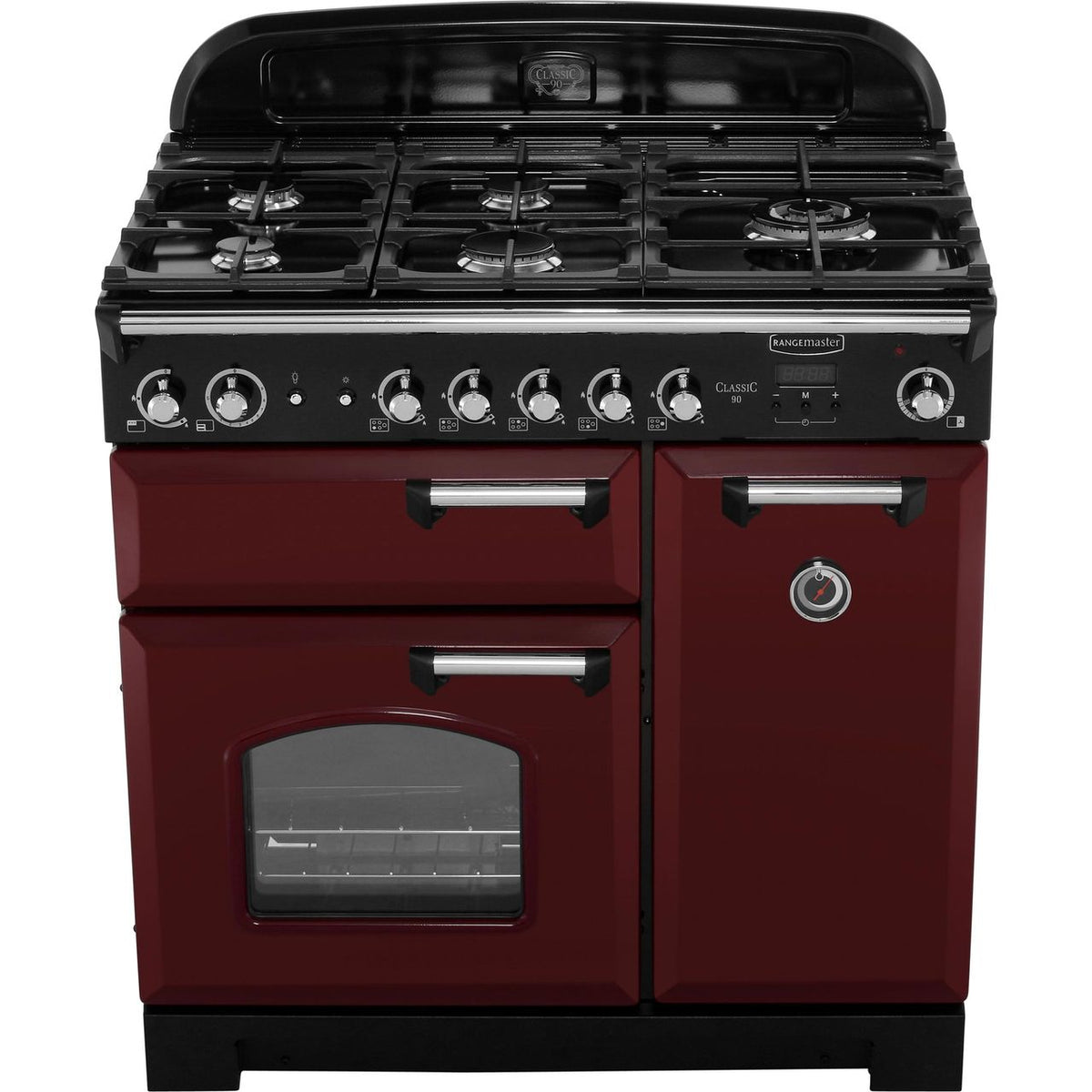 Rangemaster Classic CLA90NGFCY-C 90cm Gas Range Cooker with Electric Fan Oven - Cranberry - Chrome - A+-A Rated