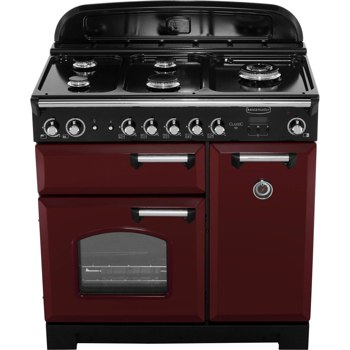 Rangemaster Classic CLA90NGFCY-C 90cm Gas Range Cooker with Electric Fan Oven - Cranberry - Chrome - A+-A Rated