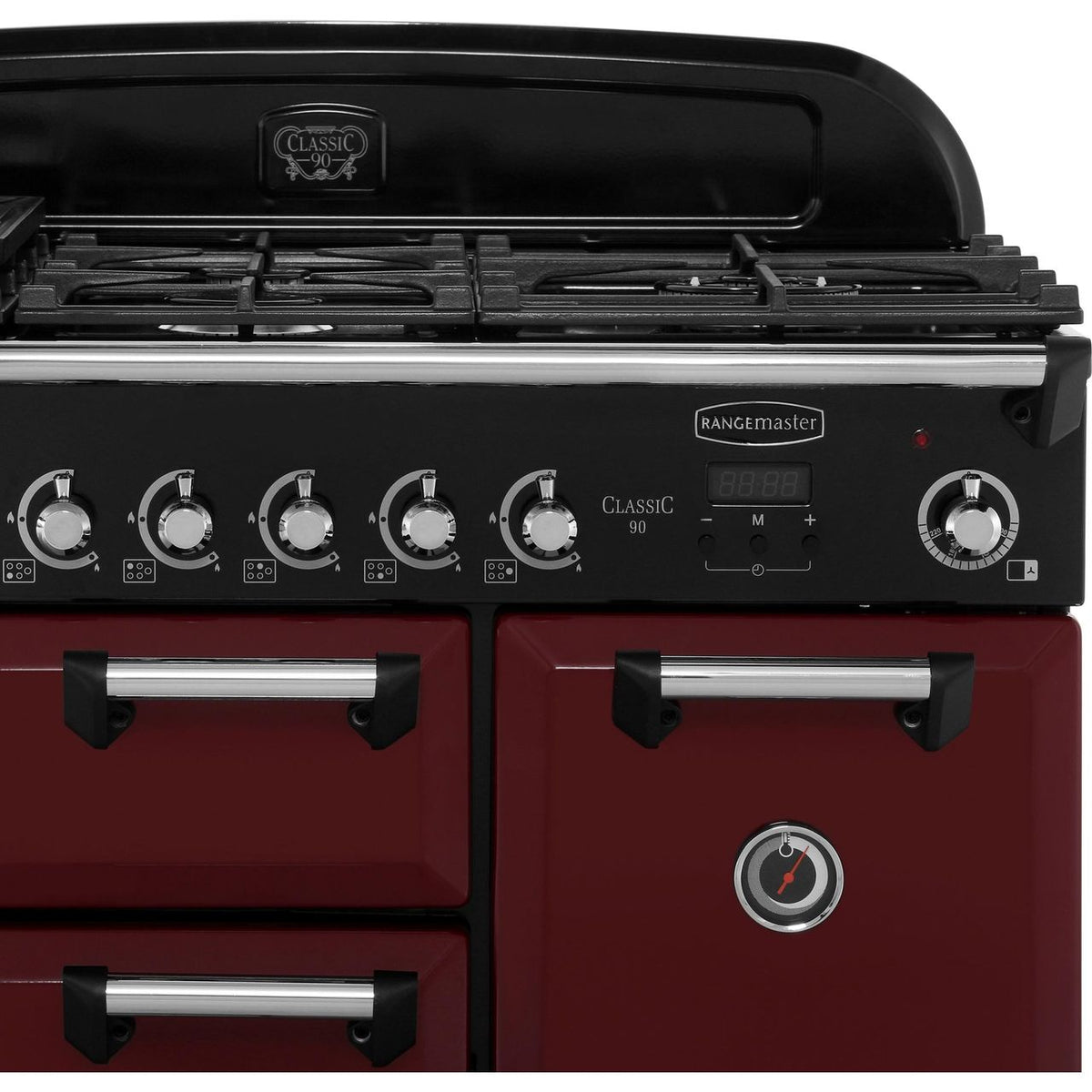 Rangemaster Classic CLA90NGFCY-C 90cm Gas Range Cooker with Electric Fan Oven - Cranberry - Chrome - A+-A Rated