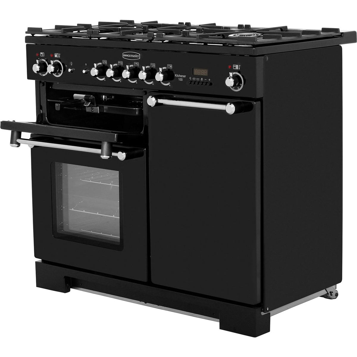 Rangemaster Kitchener KCH100DFFBL-C 100cm Dual Fuel Range Cooker - Black - Chrome - A-A Rated