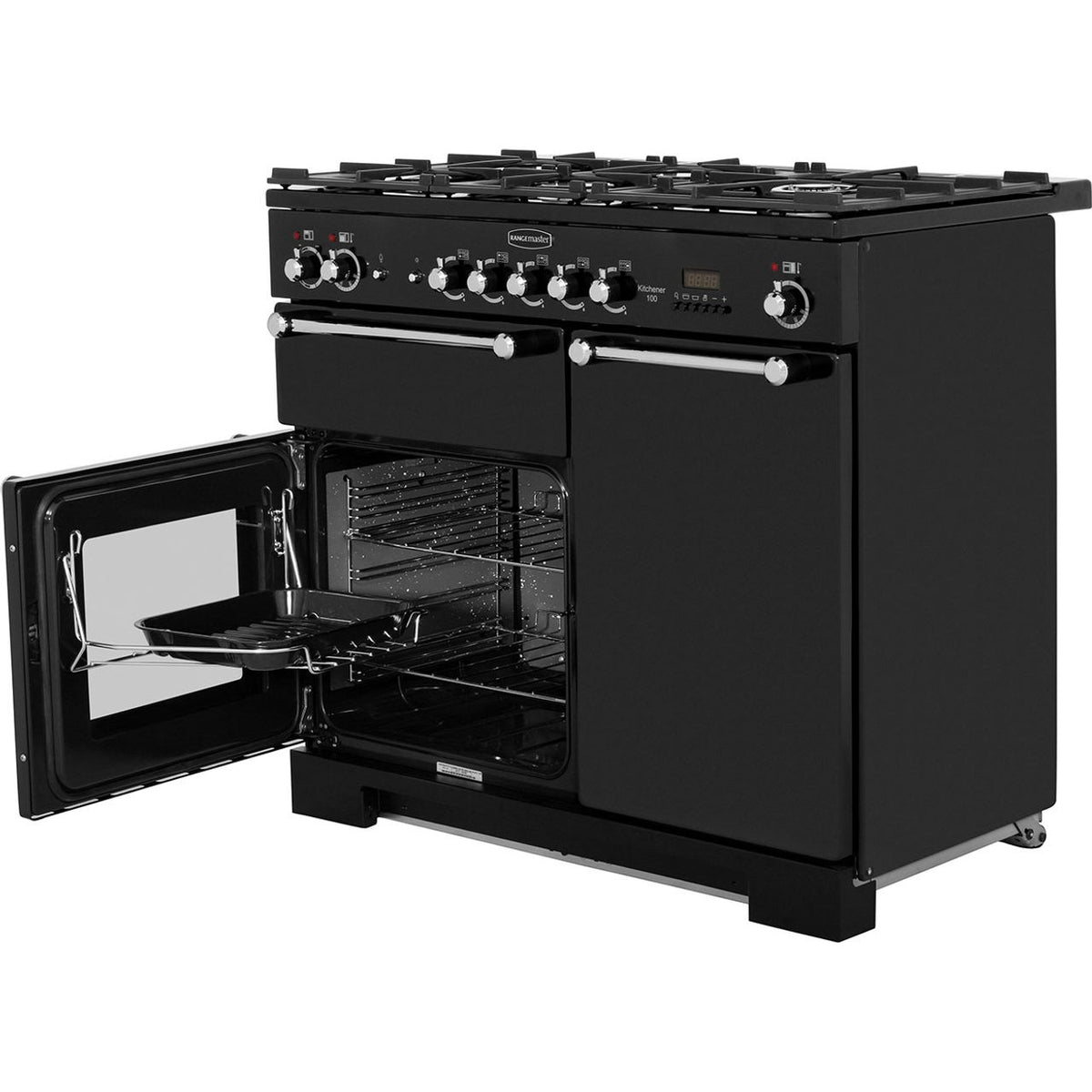 Rangemaster Kitchener KCH100DFFBL-C 100cm Dual Fuel Range Cooker - Black - Chrome - A-A Rated