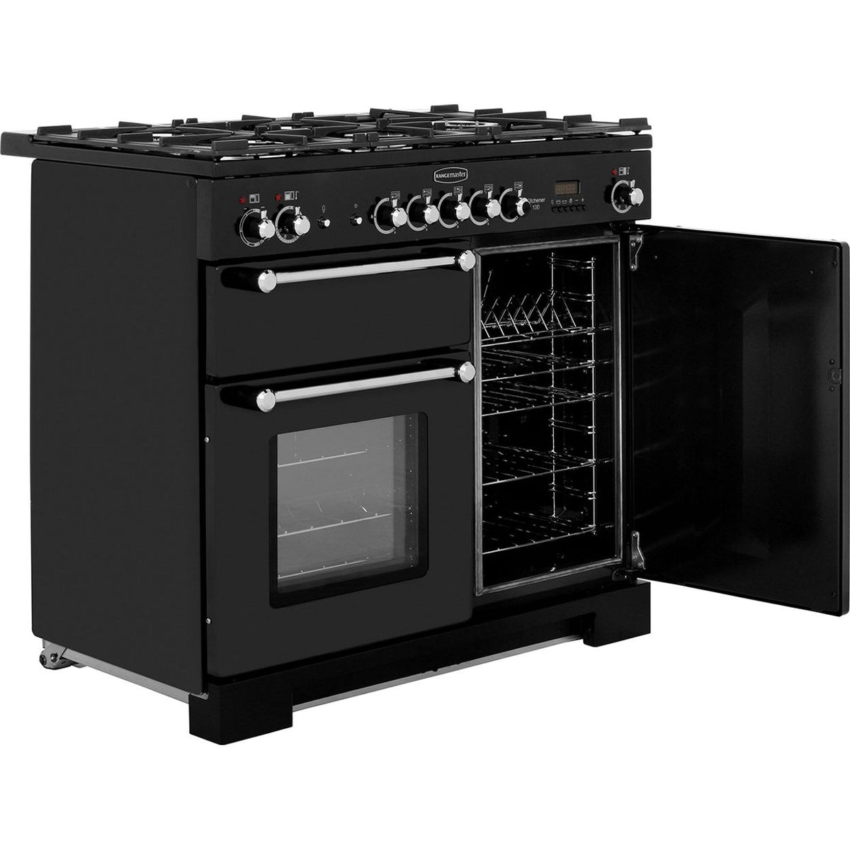 Rangemaster Kitchener KCH100DFFBL-C 100cm Dual Fuel Range Cooker - Black - Chrome - A-A Rated