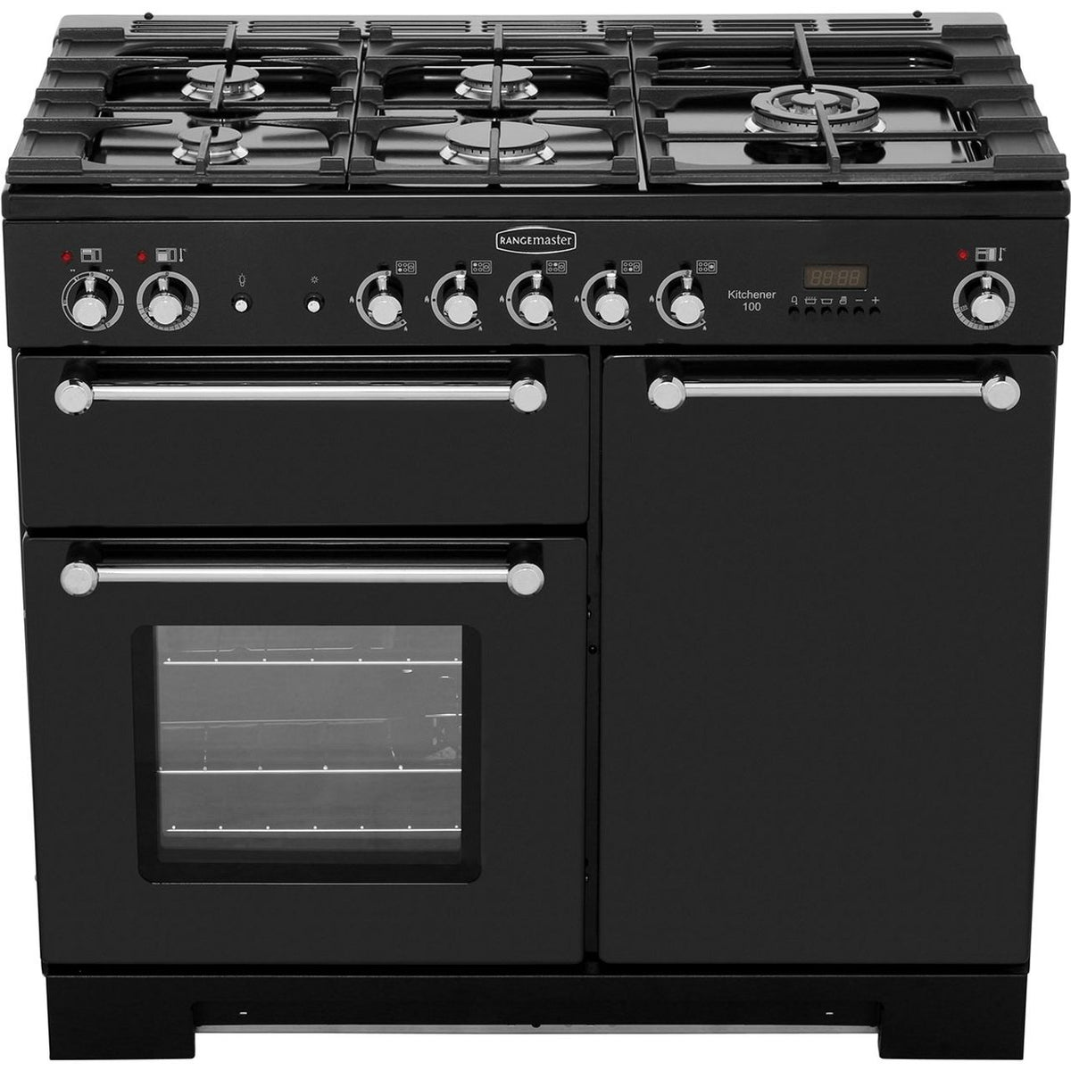 Rangemaster Kitchener KCH100DFFBL-C 100cm Dual Fuel Range Cooker - Black - Chrome - A-A Rated