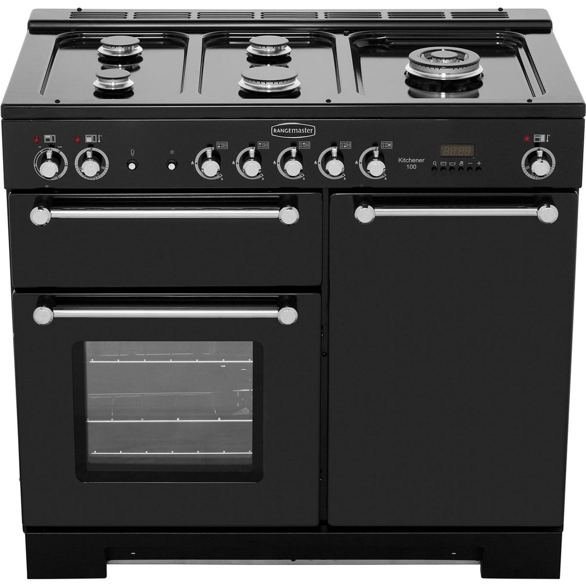 Rangemaster Kitchener KCH100DFFBL-C 100cm Dual Fuel Range Cooker - Black - Chrome - A-A Rated