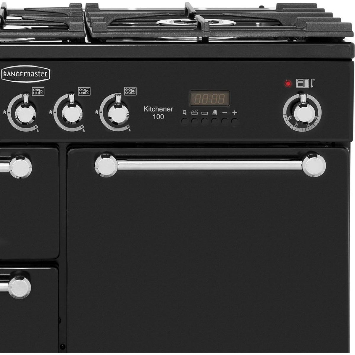 Rangemaster Kitchener KCH100DFFBL-C 100cm Dual Fuel Range Cooker - Black - Chrome - A-A Rated