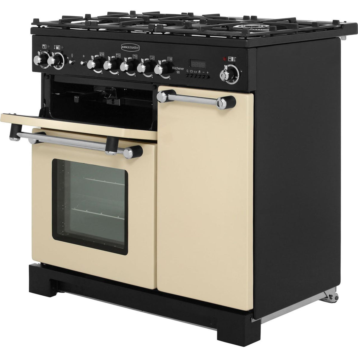 Rangemaster Kitchener KCH90DFFCR-C 90cm Dual Fuel Range Cooker - Cream - Chrome - A-A Rated