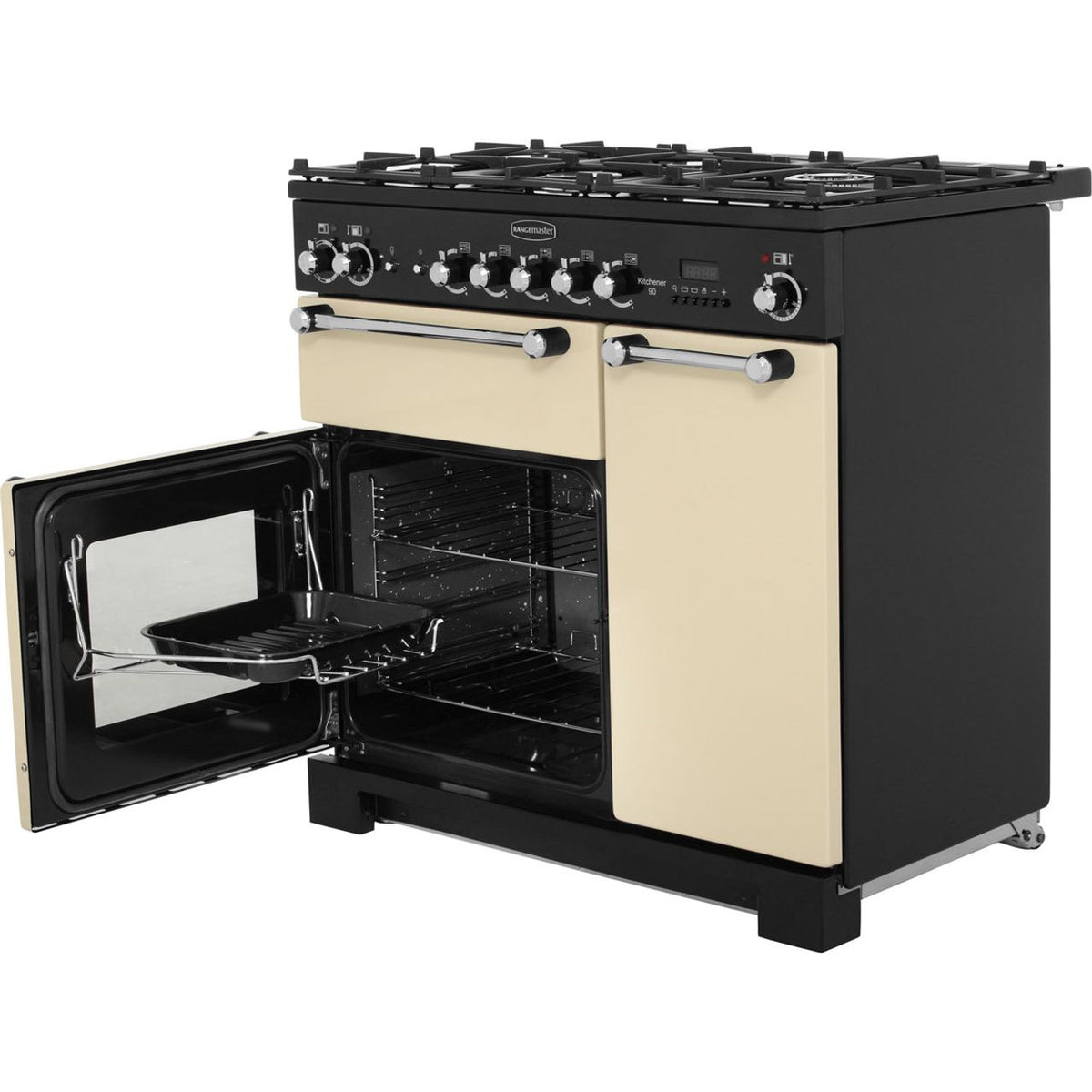 Rangemaster Kitchener KCH90DFFCR-C 90cm Dual Fuel Range Cooker - Cream - Chrome - A-A Rated