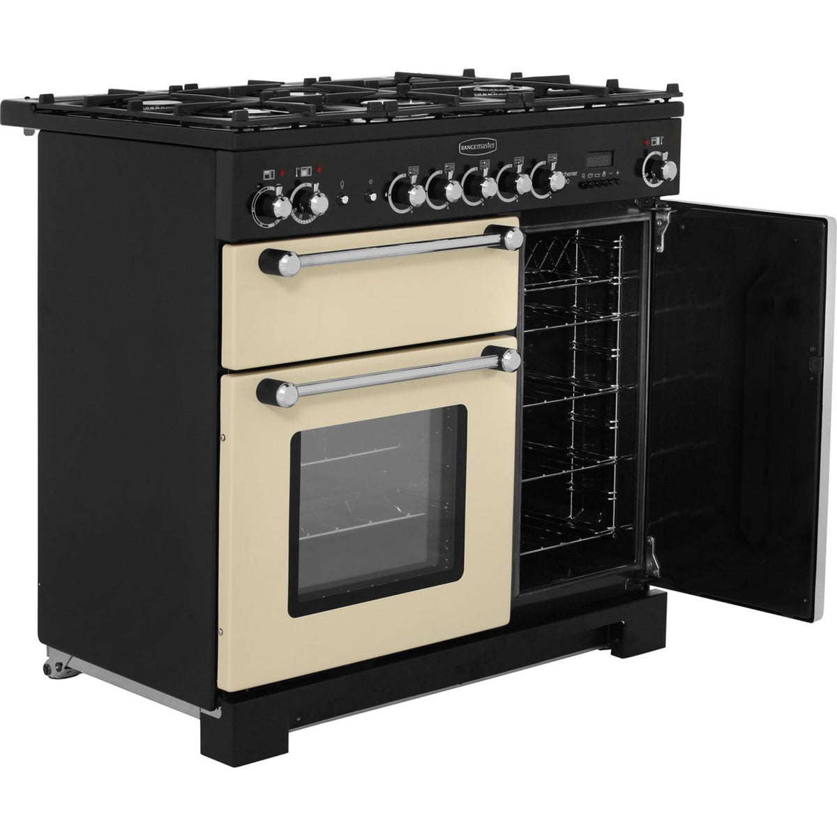 Rangemaster Kitchener KCH90DFFCR-C 90cm Dual Fuel Range Cooker - Cream - Chrome - A-A Rated