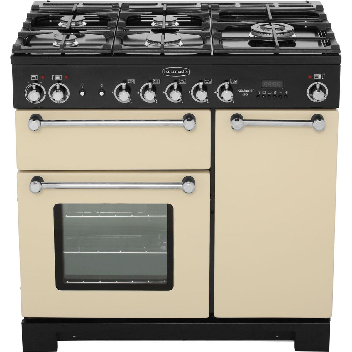 Rangemaster Kitchener KCH90DFFCR-C 90cm Dual Fuel Range Cooker - Cream - Chrome - A-A Rated