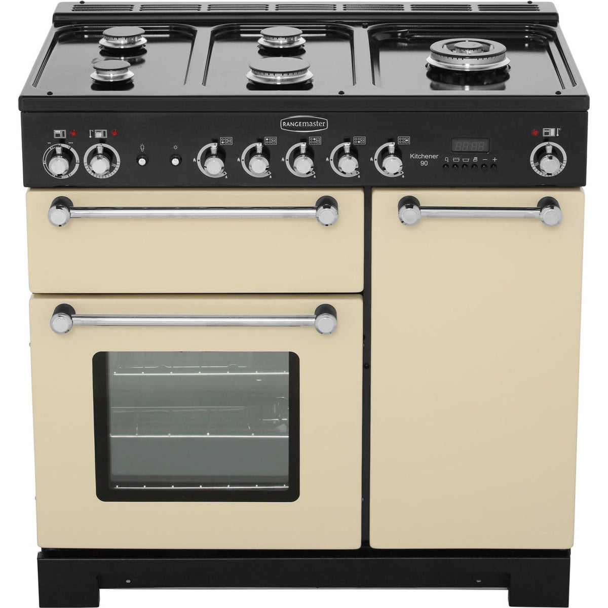 Rangemaster Kitchener KCH90DFFCR-C 90cm Dual Fuel Range Cooker - Cream - Chrome - A-A Rated