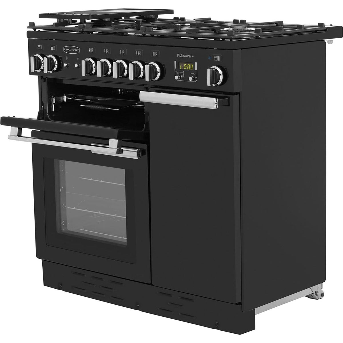 Rangemaster Professional Plus PROP90NGFGB-C 90cm Gas Range Cooker with Electric Fan Oven - Black - A+-A Rated