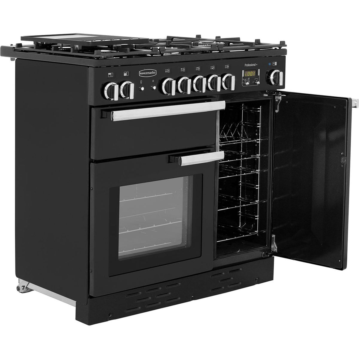 Rangemaster Professional Plus PROP90NGFGB-C 90cm Gas Range Cooker with Electric Fan Oven - Black - A+-A Rated